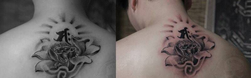 原创莲花纹身纹身图片_成品背部传统花纹身图案