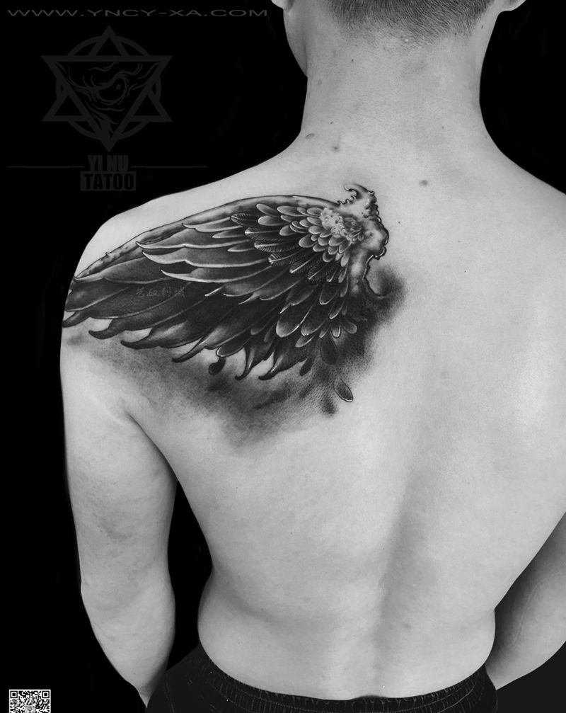 和尚老师原创-翅膀遮盖.纹身图片_成品背部写实原创艺奴刺域纹身图案