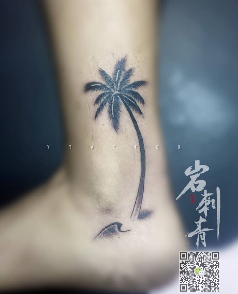 椰子树纹身图片_成品腿部清新植物纹身图案