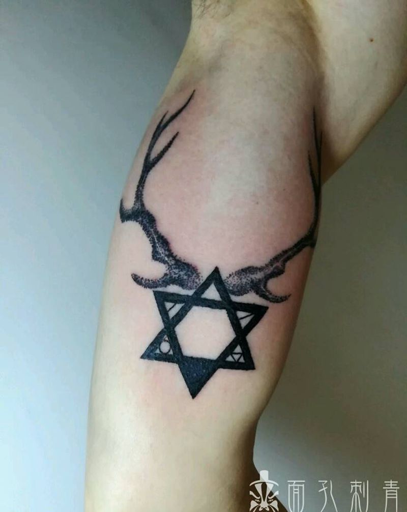 六芒星纹身图片_手臂习俗清新几何动物图腾原创成品纹身图案