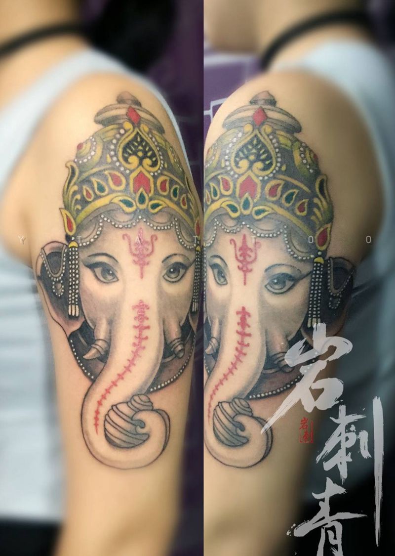 象神纹身图片_动物手臂成品传统纹身图案