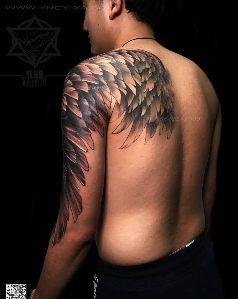 原创翅膀遮盖旧纹身纹身图片_成品艺奴刺域原创手臂纹身图案