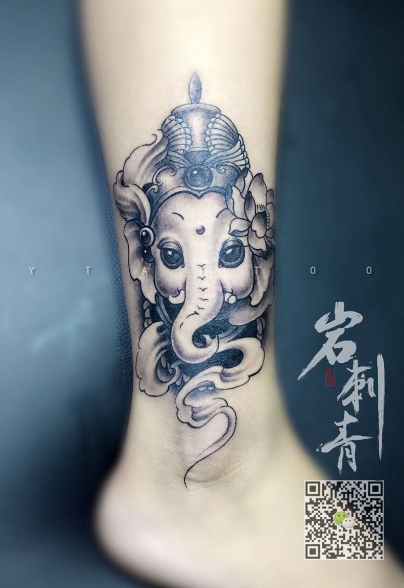 象神纹身图片_成品腿部清新动物传统纹身图案