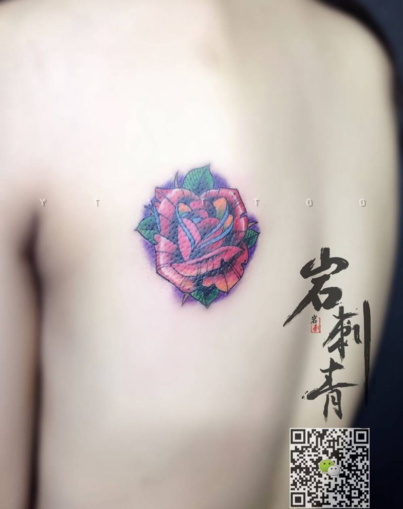 玫瑰纹身图片_成品背部欧美植物清新纹身图案