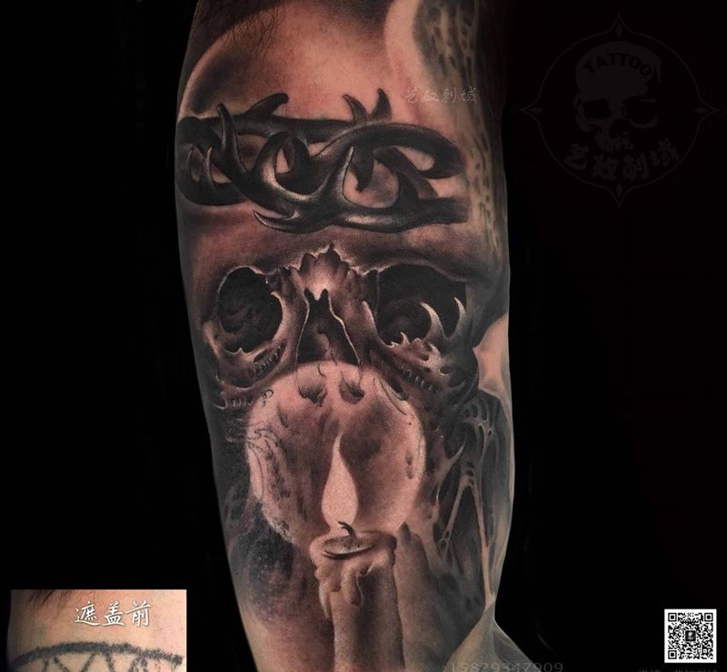 未完遮盖花臂纹身图片_艺奴刺域原创成品手臂欧美鬼神人物纹身图案