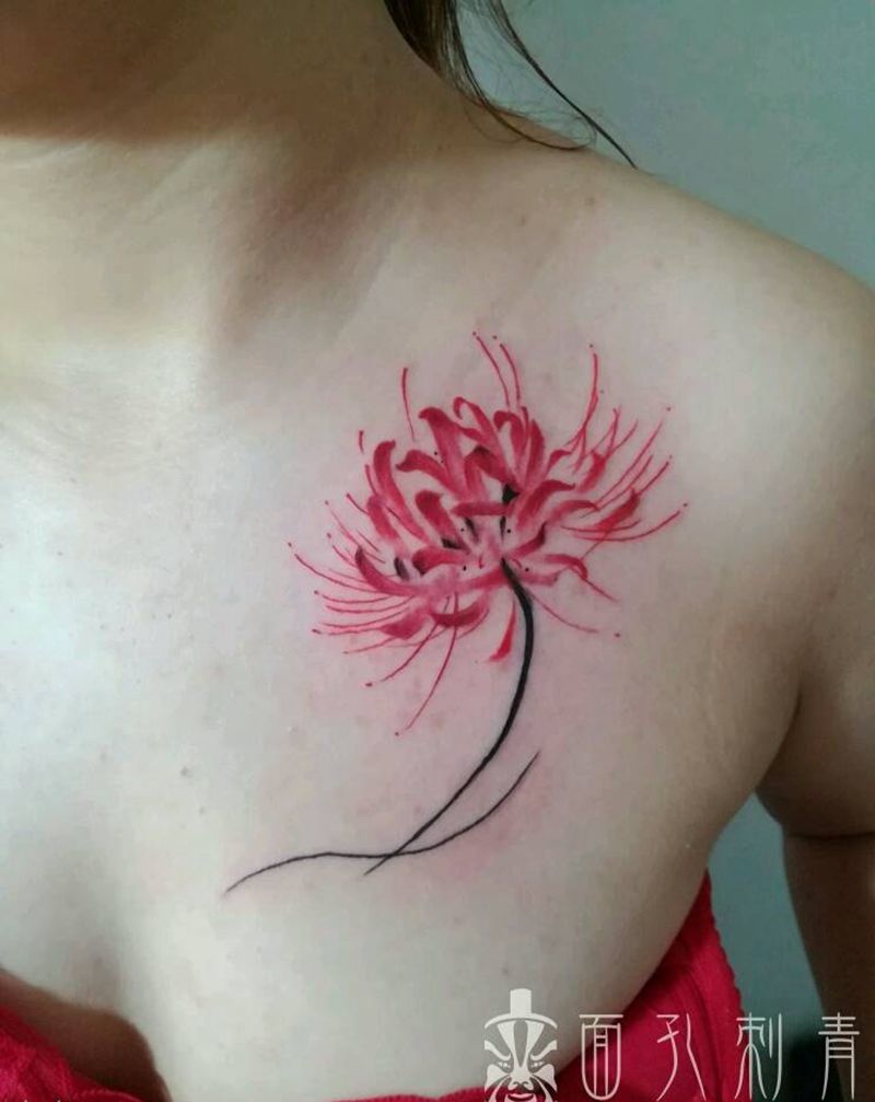 彼岸花纹身图片_胸部传统清新植物原创成品纹身图案