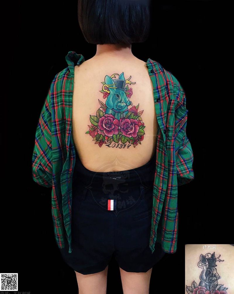 old school修改纹身图片_艺奴刺域欧美动物背部成品纹身图案