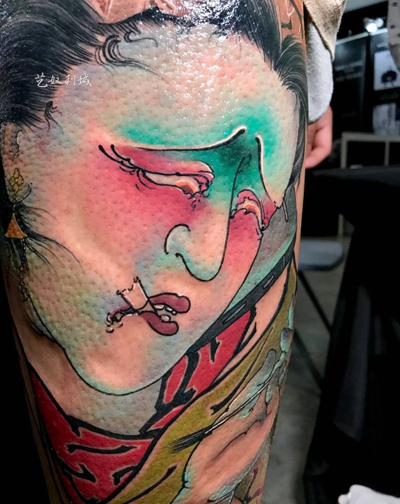 和尚老师原创传统人物纹身图片_成品腿部艺奴刺域原创人物传统纹身图案