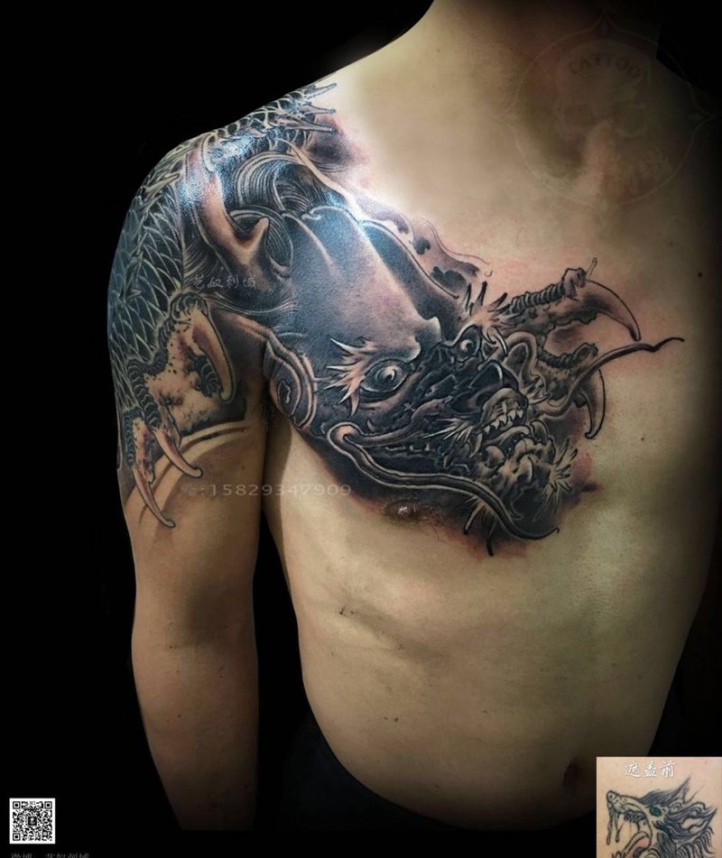 和尚老师原创半胛龙遮盖 [呲牙]纹身图片_成品手臂传统动物原创艺奴刺域纹身图案