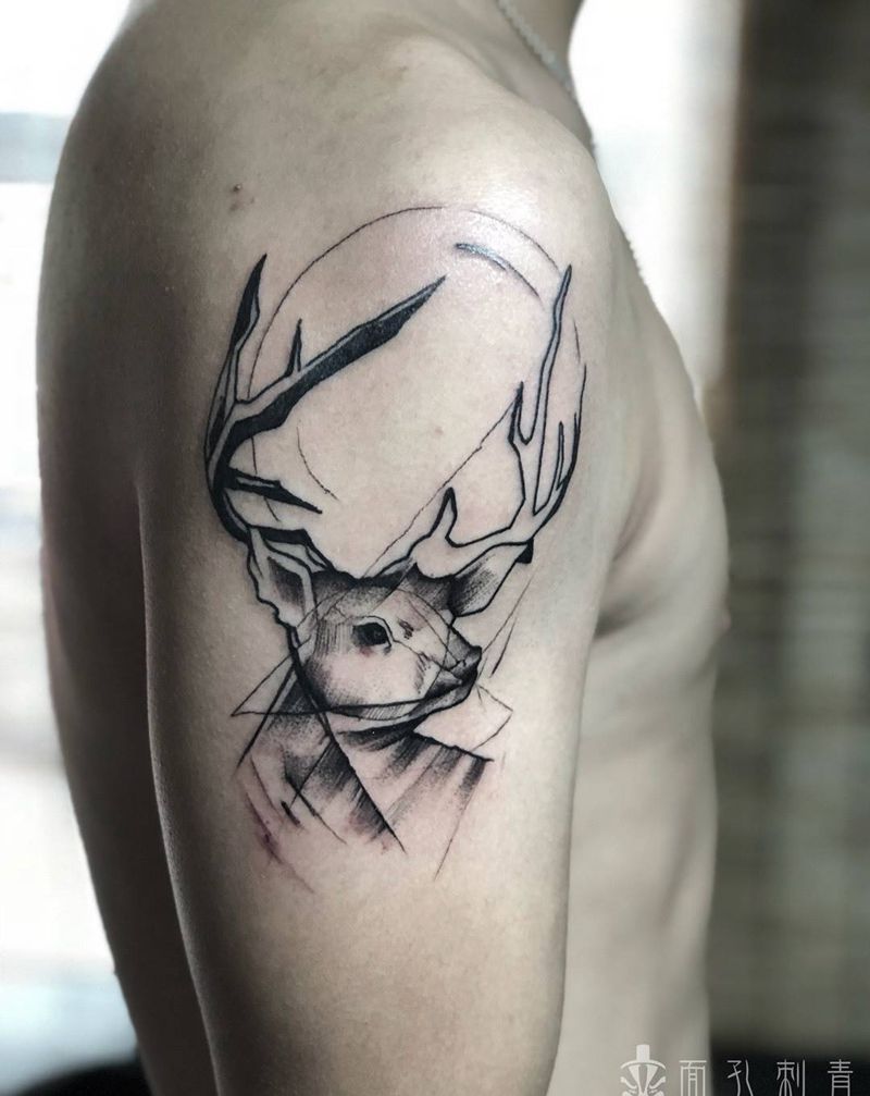 林深了的鹿纹身图片_手臂几何原创鹿纹身图案