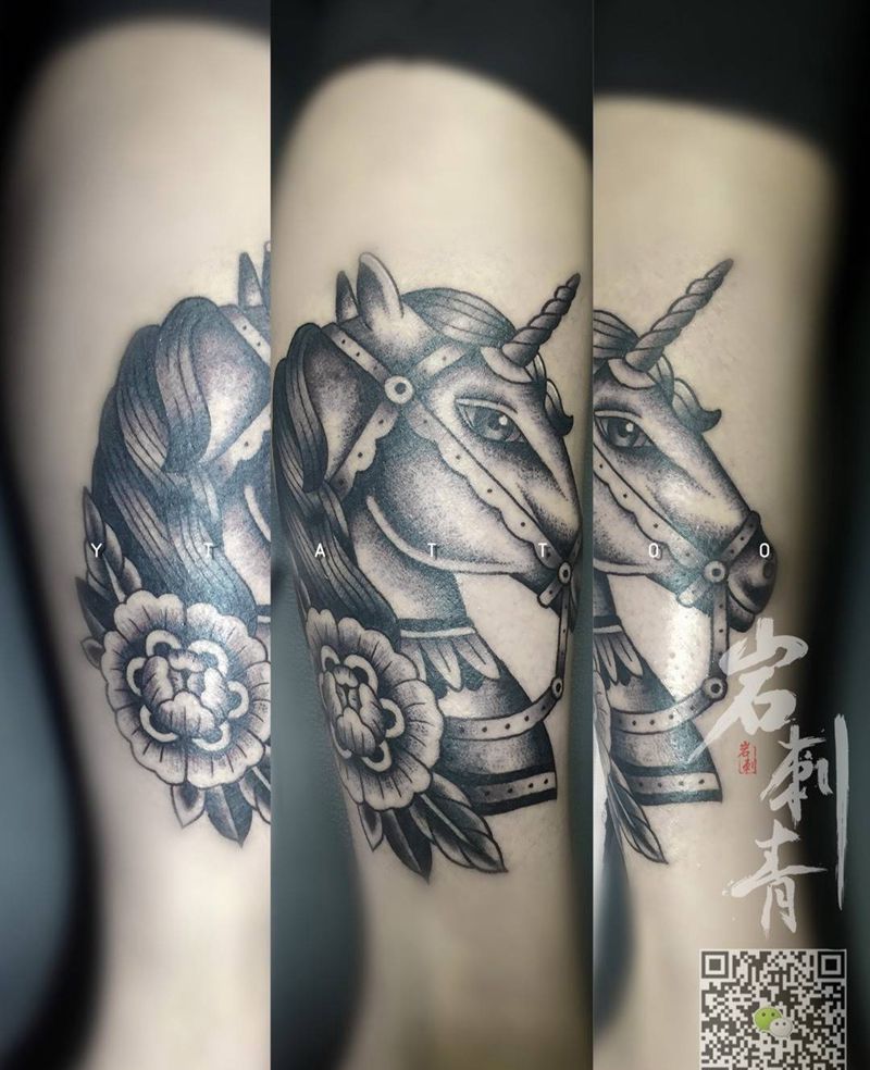 独角兽纹身图片_成品腿部欧美动物纹身图案
