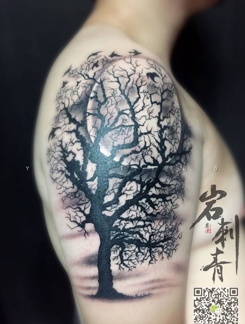 树纹身图片_成品手臂欧美植物纹身图案