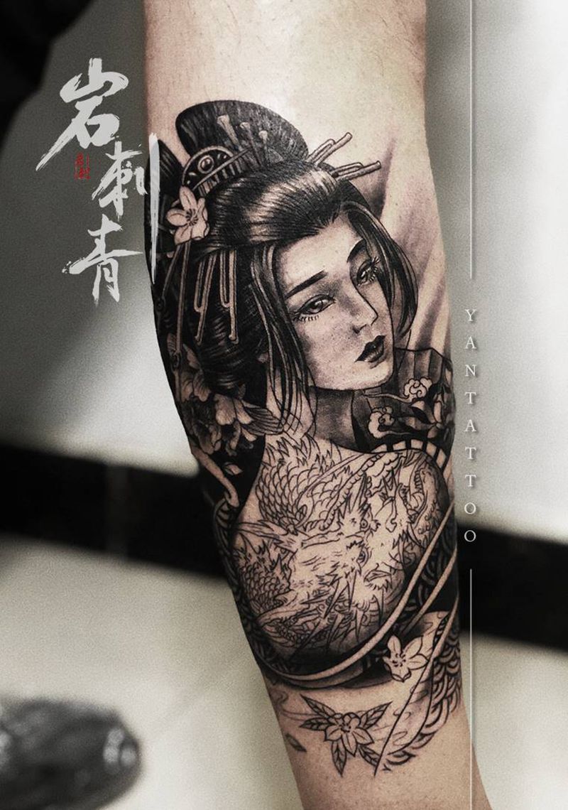 艺妓纹身图片_腿部新传统纹身图案