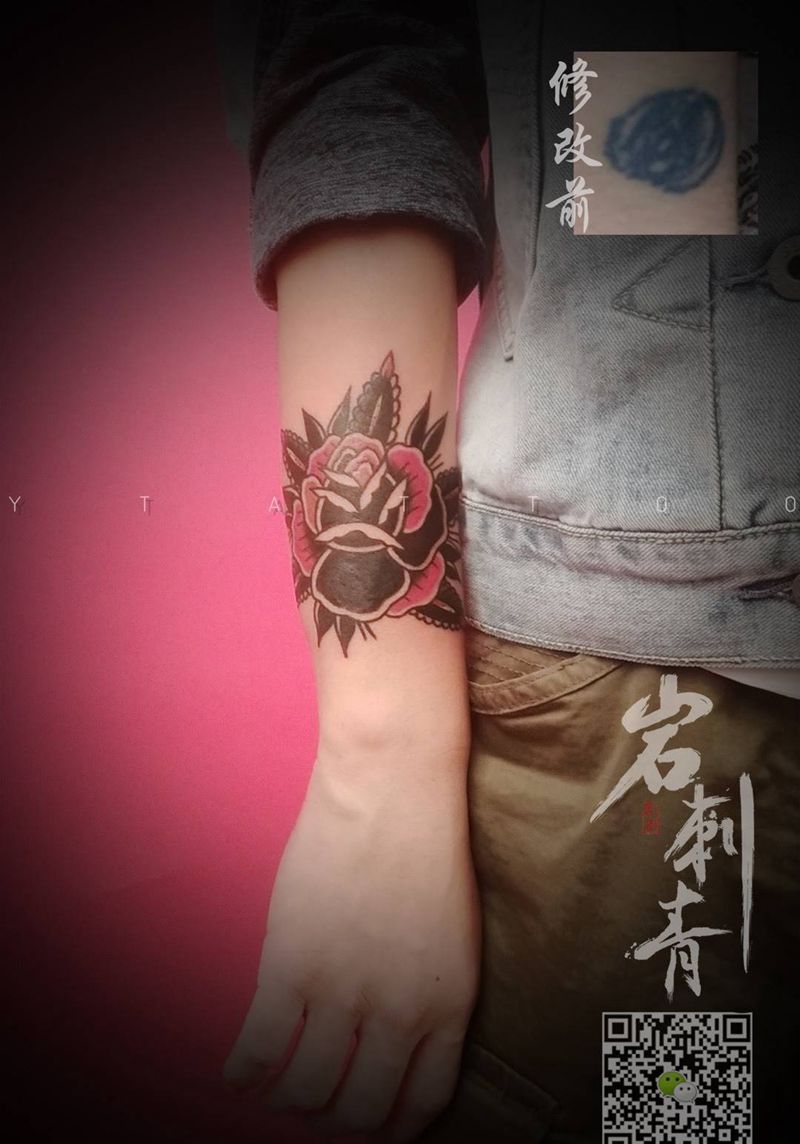 玫瑰遮盖。纹身图片_手臂Old School纹身图案