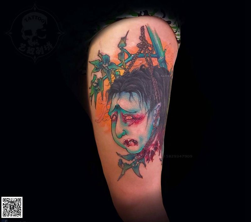 和尚老师原创纹身图片_腿部新传统原创艺奴刺域人物纹身图案