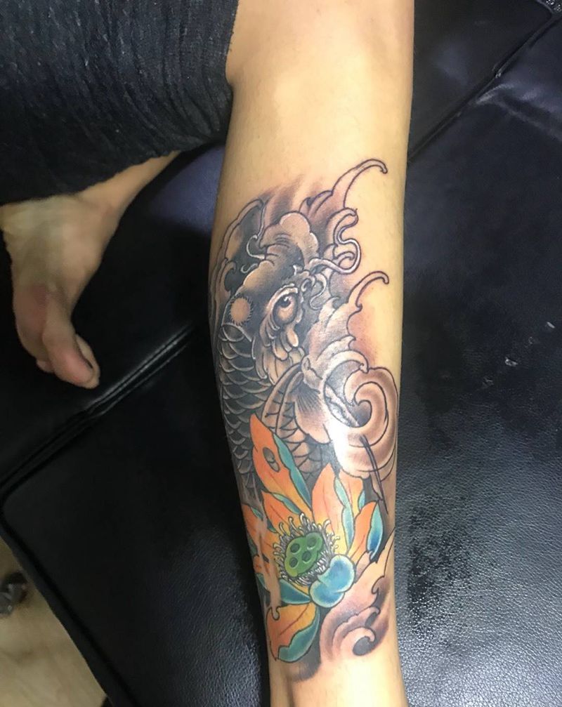 鱼纹身图片_成品腿部传统动物西安纹身图案