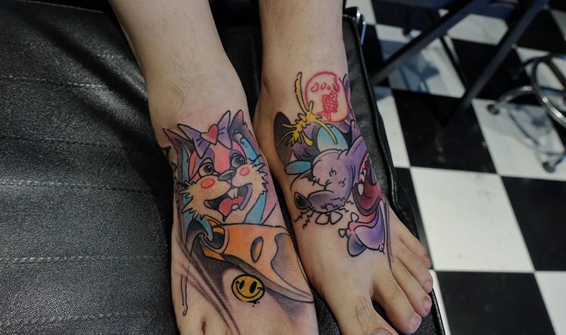 new school 兔 鼠纹身图片_脚部New School兔子老鼠脚背纹身图案