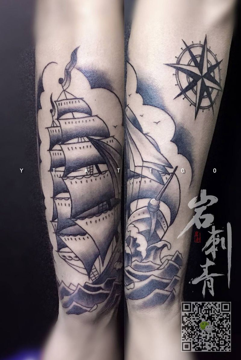 帆船指南针纹身图片_成品手臂欧美纹身图案