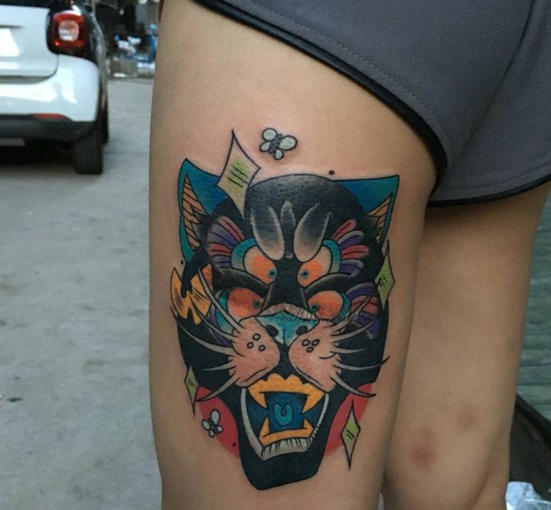 new school豹纹身图片_成品腿部欧美习俗动物鬼神纹身图案
