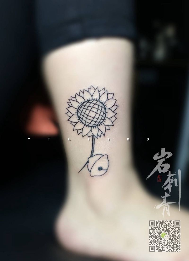 向日葵铃铛纹身图片_成品清新腿部植物静物纹身图案
