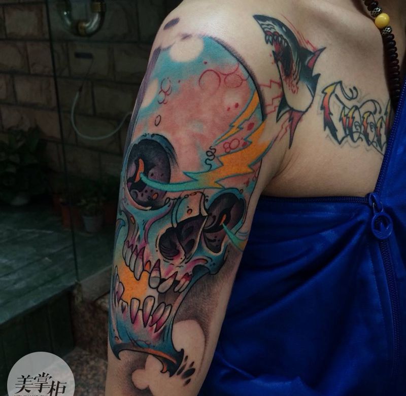 骷髅纹身图片_欧美肖像清新鬼神手臂纹身图案