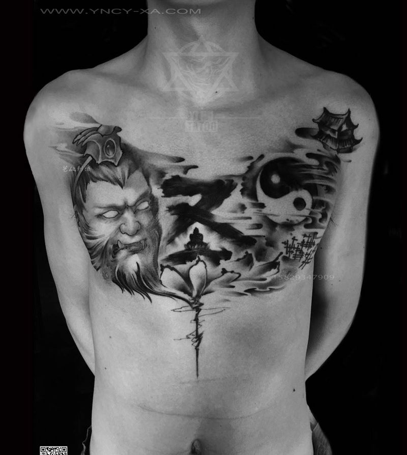 和尚老师设计修改 -大圣花胸纹身图片_艺奴刺域中国风水墨画原创人物鬼神国画传统成品胸部纹身图案