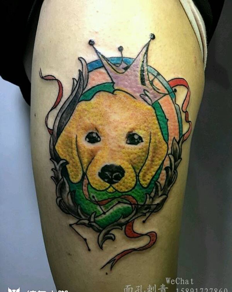 狗狗纹身纹身图片_腿部欧美清新字符动物植物原创成品纹身图案