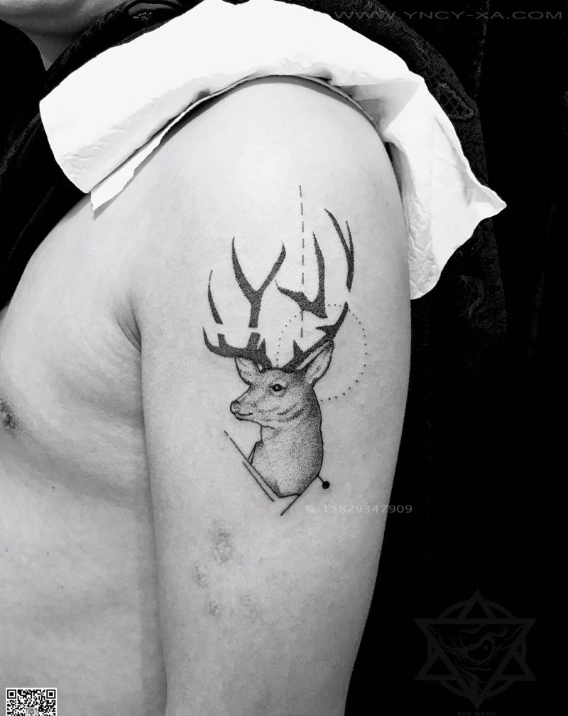 鬼鬼作品-点刺鹿纹身图片_成品手臂清新动物纹身图案