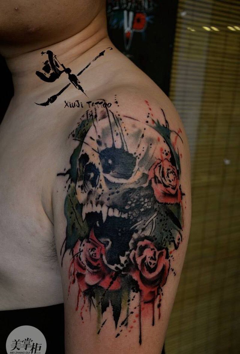 水彩骷髅 玫瑰纹身图片_欧美清新鬼神植物手臂纹身图案