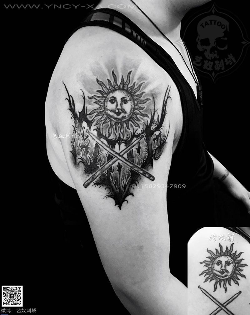 和尚老师设计，修改在添花体纹身图片_成品艺奴刺域欧美手臂纹身图案