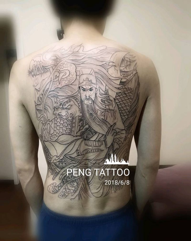 满背关公线条，恢复后上色纹身图片_传统纹身图案