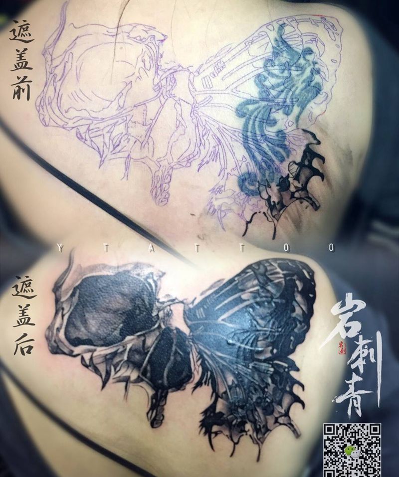 蝴蝶骷髅纹身图片_遮盖成品鬼神动物欧美背部纹身图案
