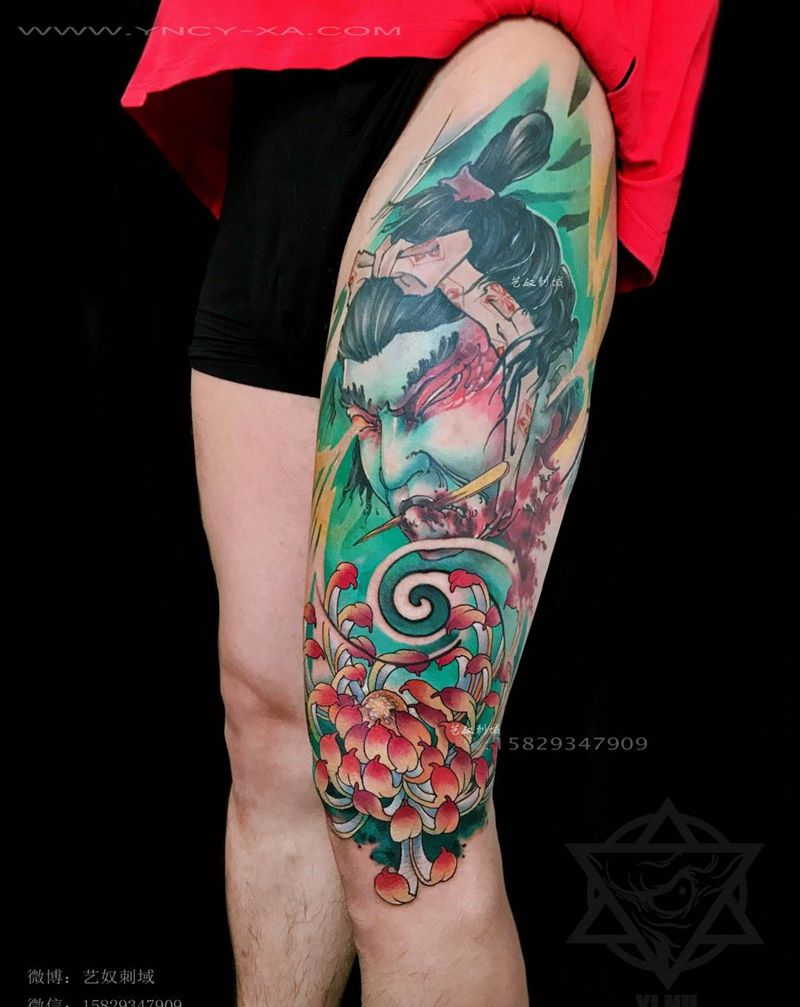 和尚老师原创—新传统腿部作品。纹身图片_成品艺奴刺域原创传统腿部肖像人物纹身图案