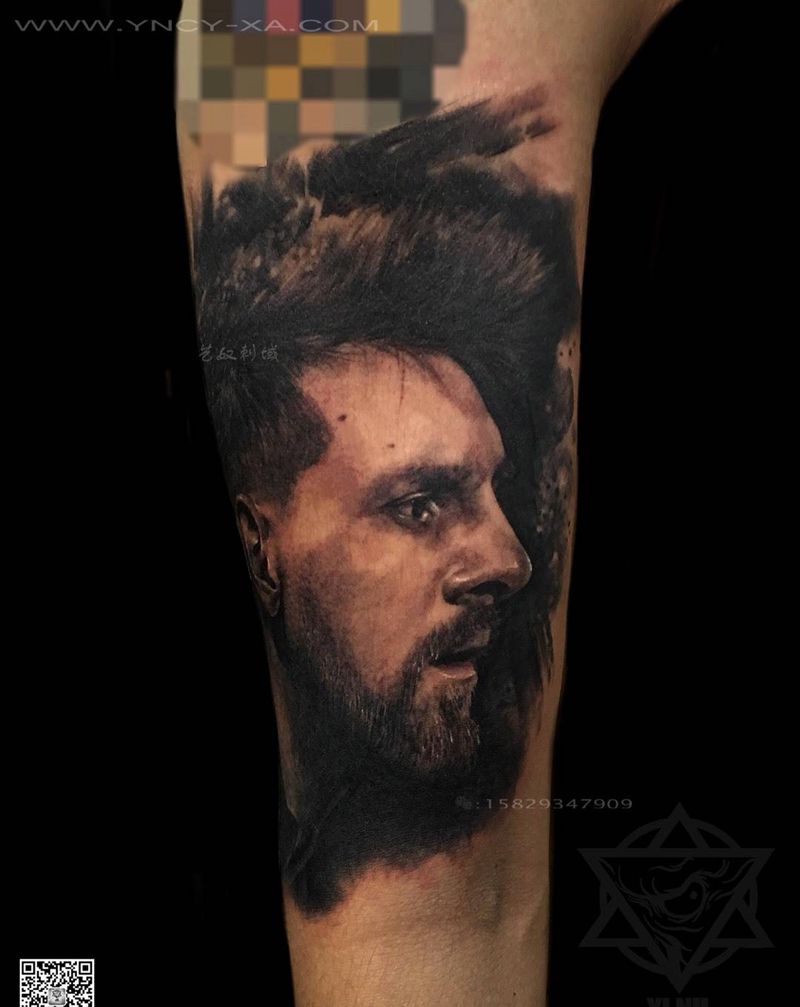 梅西纹身图片_成品艺奴刺域肖像欧美人物手臂纹身图案