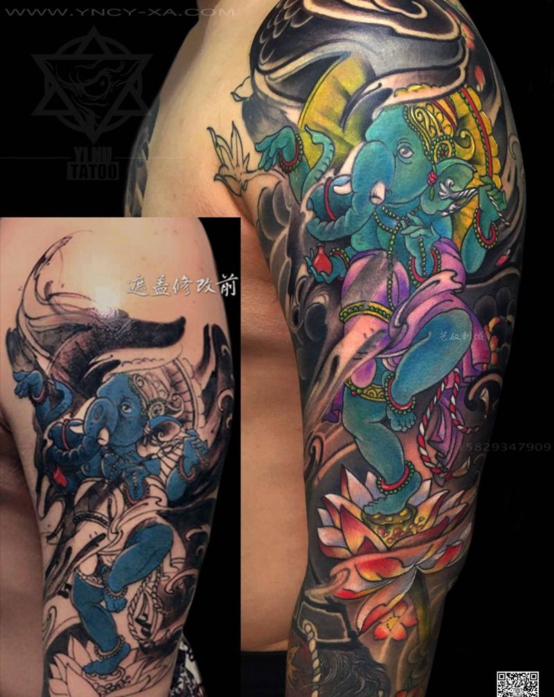 遮盖修改添加为花臂纹身图片_成品艺奴刺域原创传统手臂纹身图案