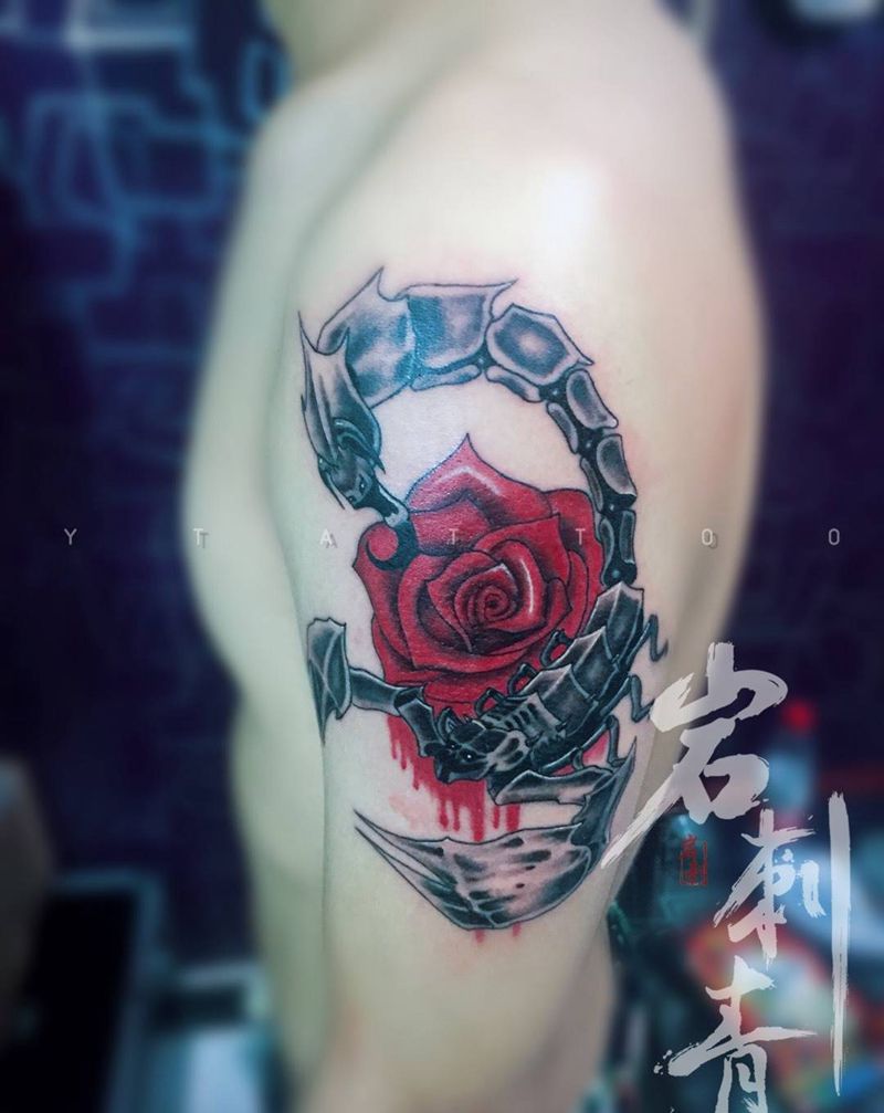 蝎子玫瑰纹身图片_成品手臂欧美植物动物纹身图案