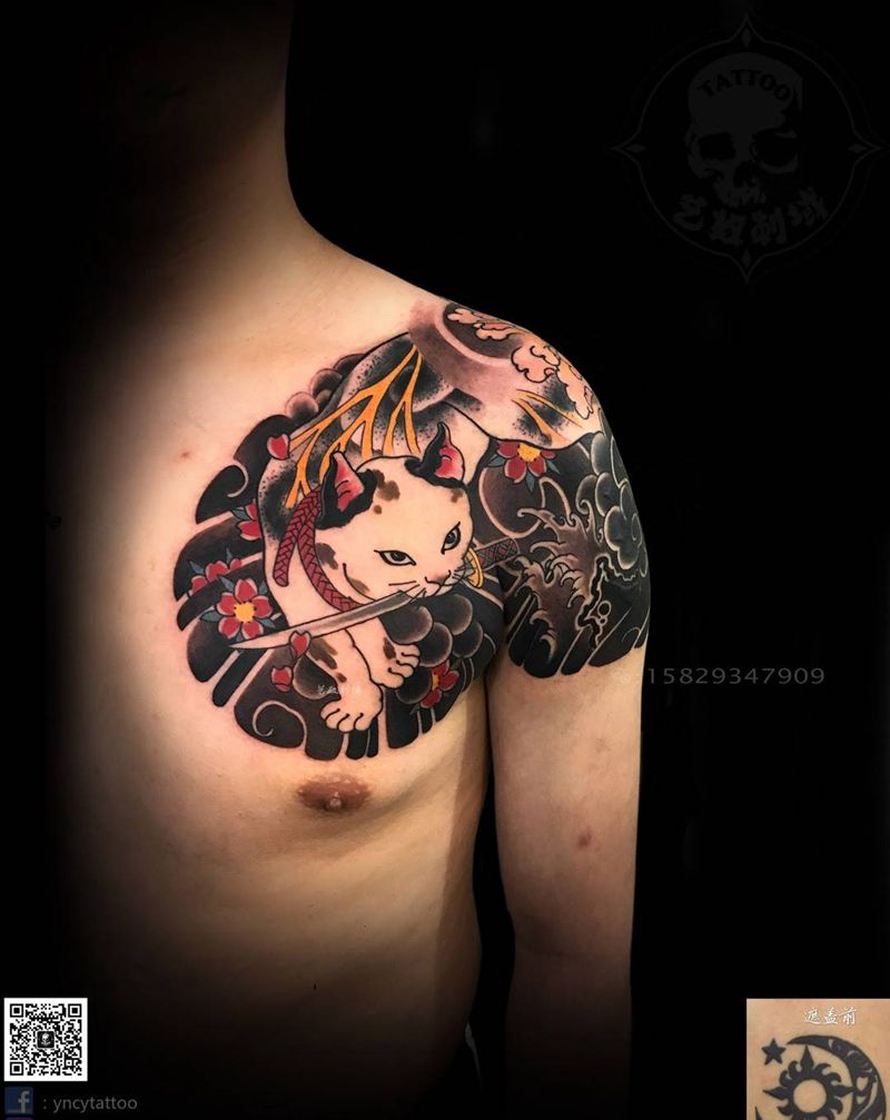 原创猫遮盖纹身图片_成品传统手臂动物艺奴刺域原创纹身图案
