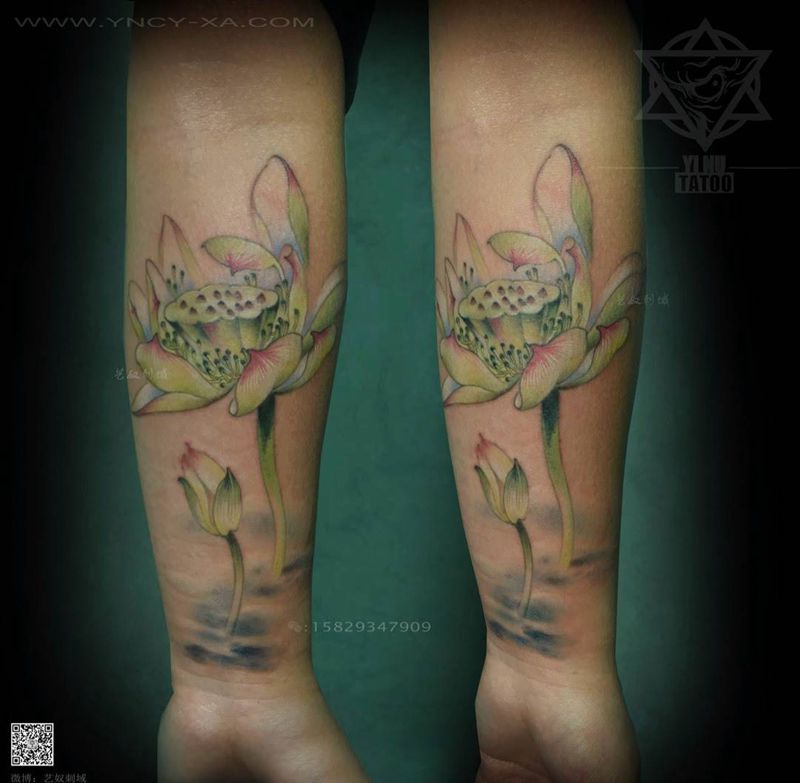 原创-莲纹身图片_成品艺奴刺域原创国画传统清新静物手臂纹身图案