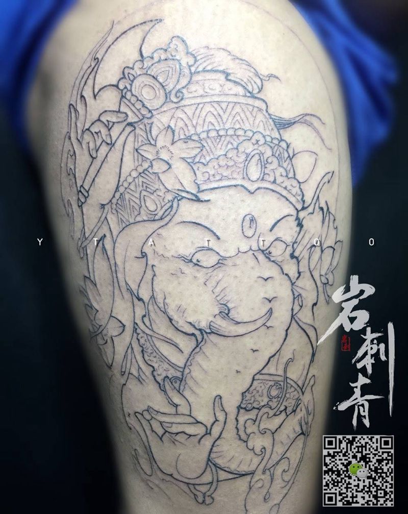象神未完成纹身图片_成品腿部传统动物鬼神未完成纹身图案