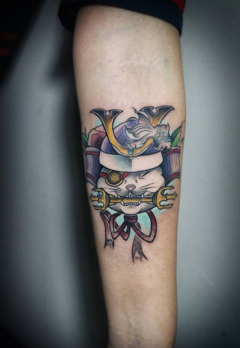 武士猫纹身图片_成品手臂欧美人物动物鬼神宗教植物原创静物纹身图案