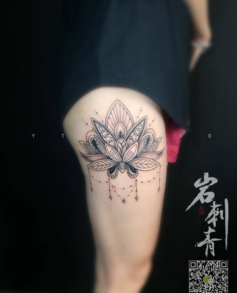大腿梵花纹身图片_成品腿部清新几何纹身图案