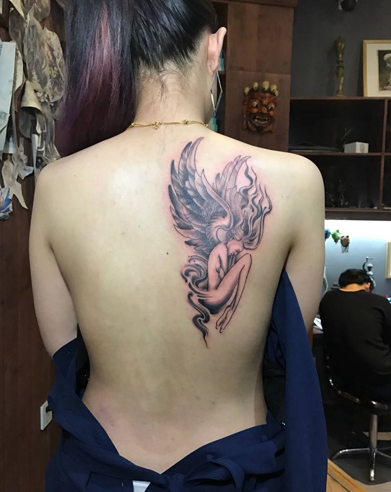 天使纹身图片_成品肩部欧美传统纹身图案