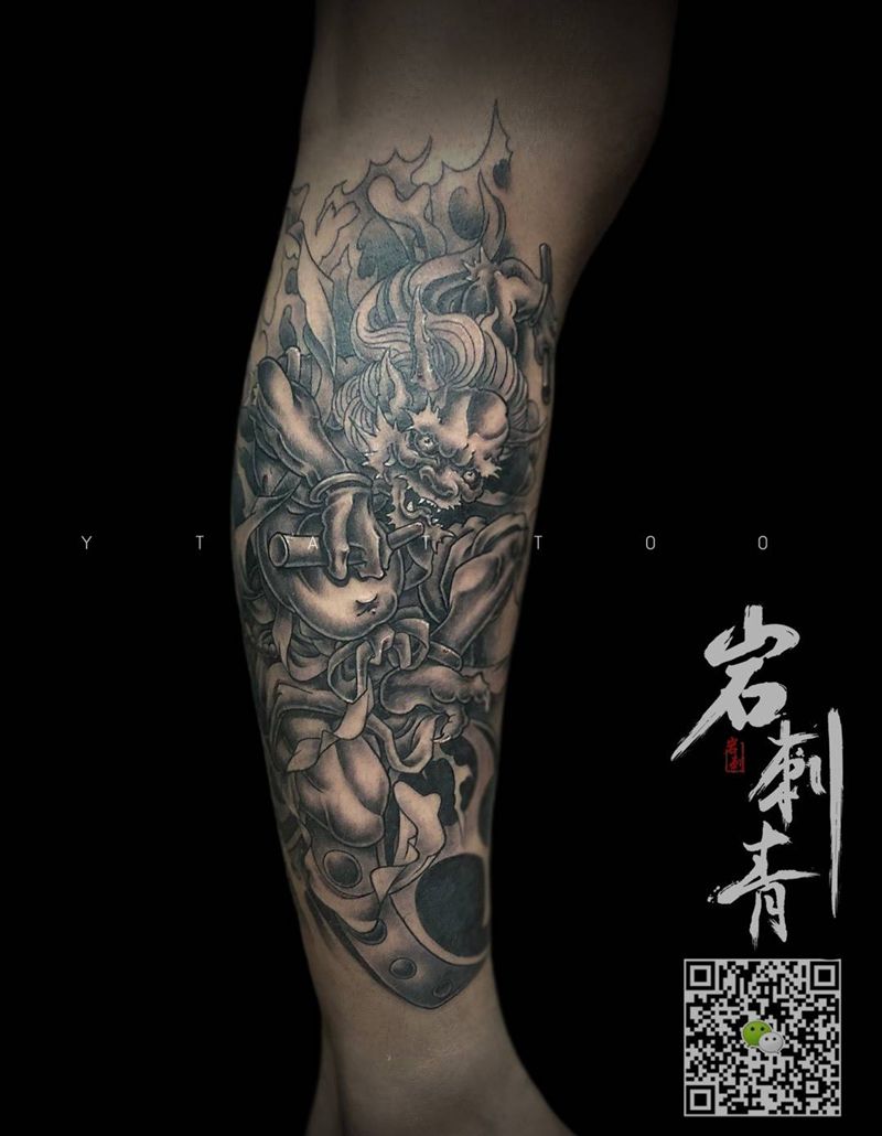 雷神。纹身图片_成品腿部传统鬼神纹身图案