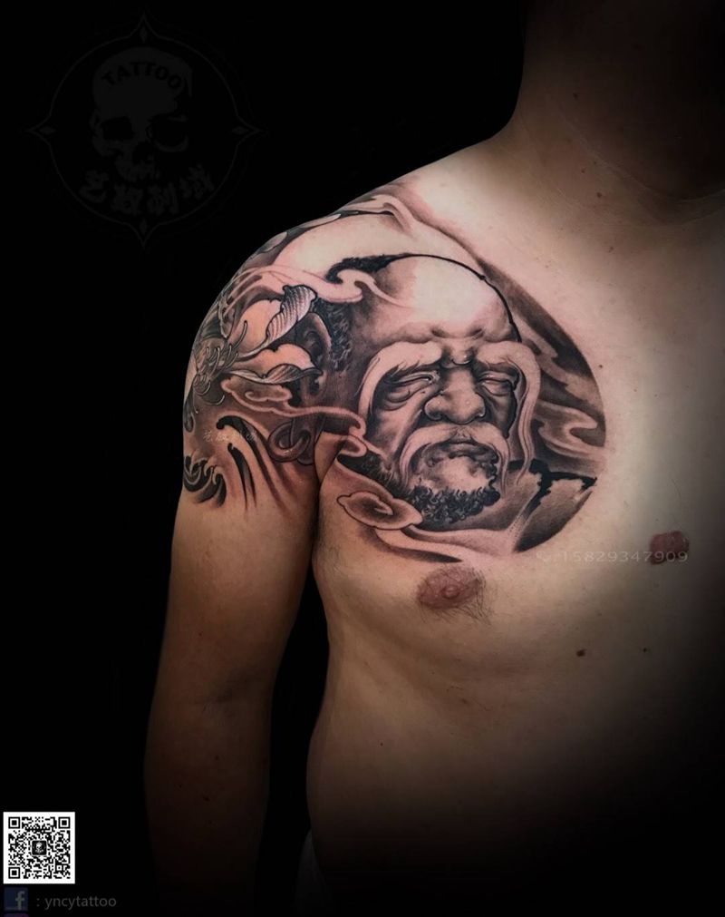 和尚老师原创半胛-长眉罗汉纹身图片_成品臀部胸部传统原创艺奴刺域纹身图案