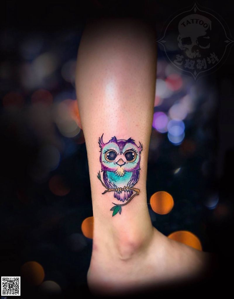 猫头鹰纹身图片_成品腿部清新动物艺奴刺域纹身图案