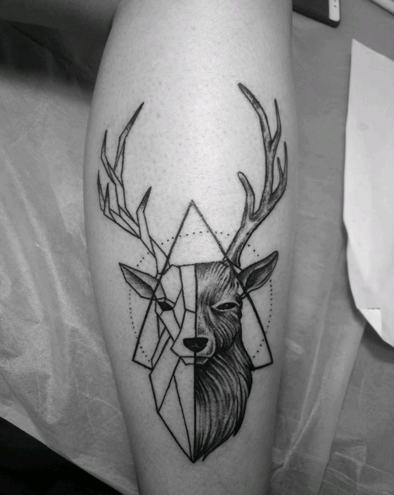 麋鹿纹身图片_腿部纹身图案