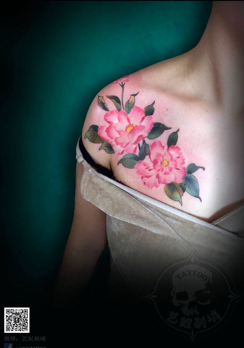原创牡丹纹身图片_艺奴刺域中国风清新国画胸部肩部成品纹身图案