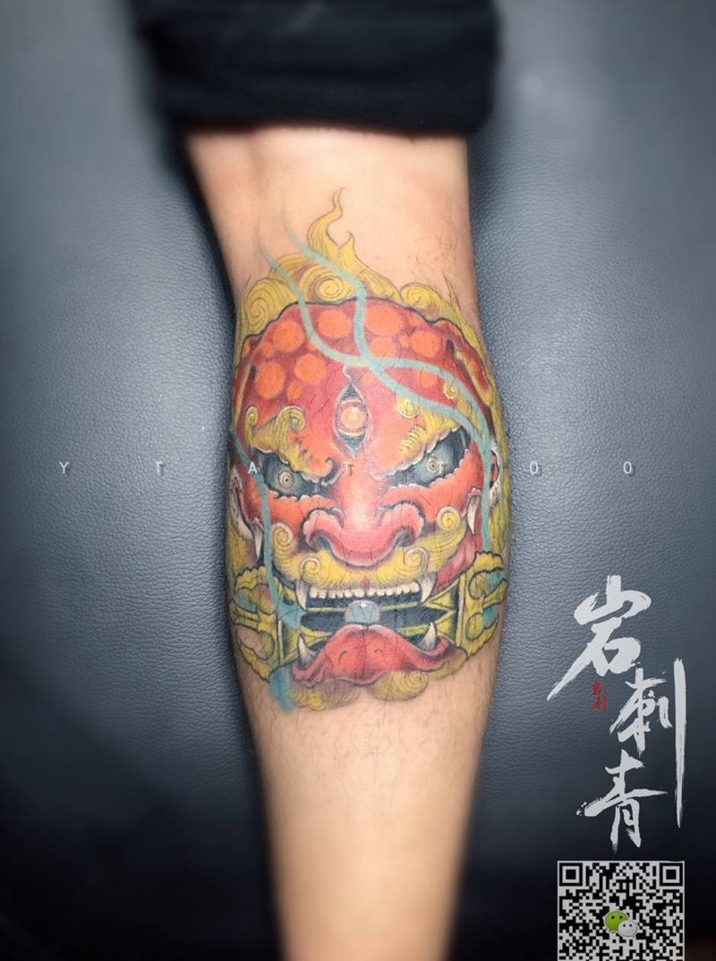 彩色唐狮纹身图片_成品腿部传统动物纹身图案
