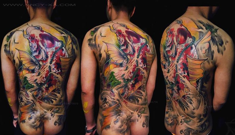和尚老师原创-锦鲤纹身图片_成品背部传统动物原创艺奴刺域纹身图案