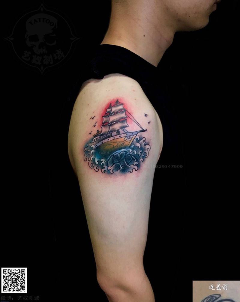 原创Old school船帆纹身图片_艺奴刺域原创欧美成品手臂纹身图案